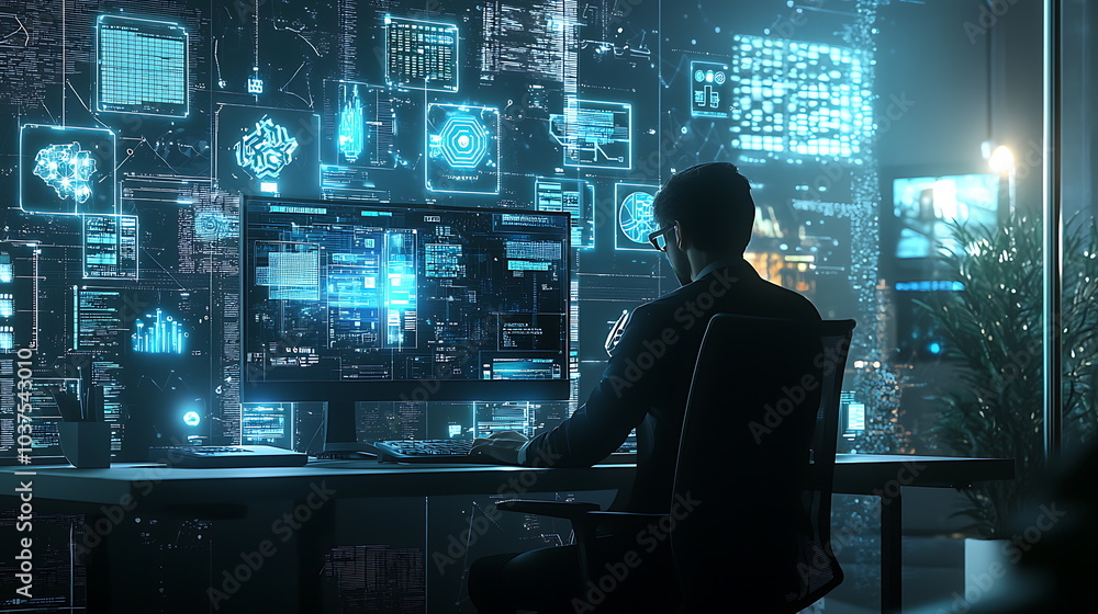 Poster Futuristic data analysis a professional engaged with advanced technology across multiple screens in a high-tech environment