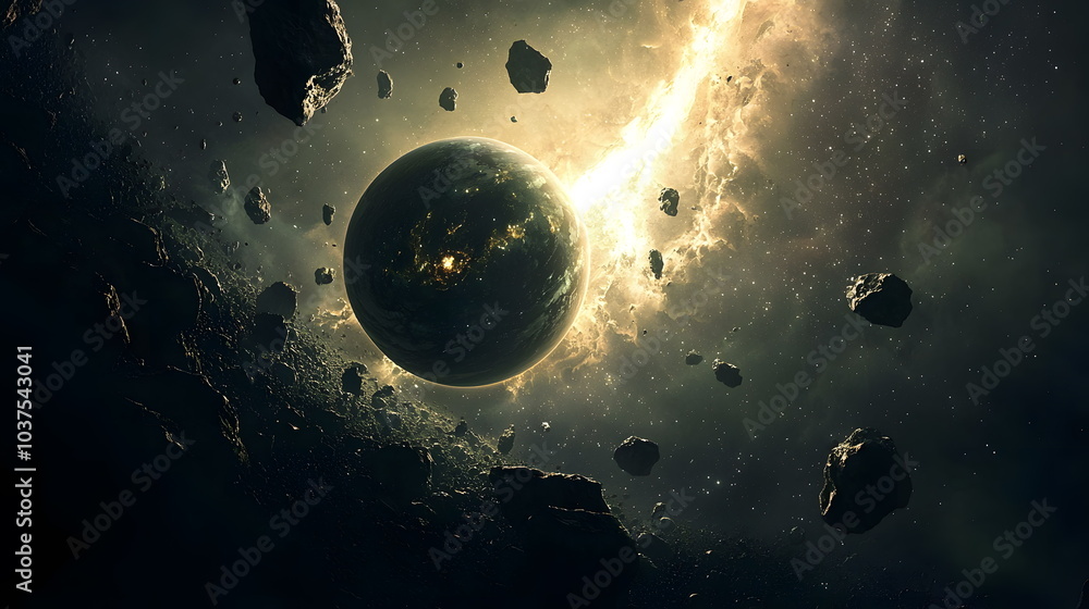 Aufkleber exploring the cosmic realm a planet enveloped by asteroids in a mystical space environment