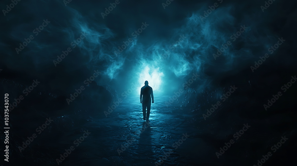 Poster a solemn figure walking towards an ethereal light in a misty landscape symbolizing hope and transfor