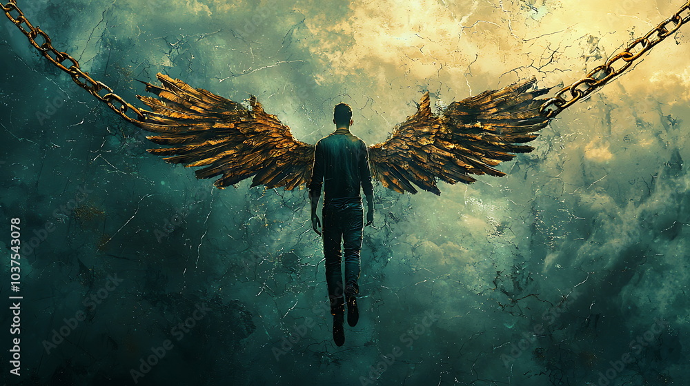 Poster a symbol of freedom the journey of a person with angel wings breaking free from chains into the sky
