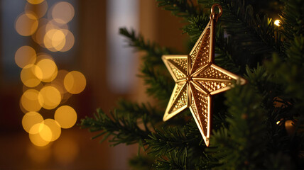 Shiny golden star ornament hanging on pine tree with blurred bokeh lights in background