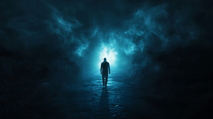 Obraz premium A solemn figure walking towards an ethereal light in a misty landscape symbolizing hope and transformation in a dreamlike setting