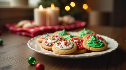 Festively decorated Christmas cookies on a plate with warm ambiance and holiday spirit