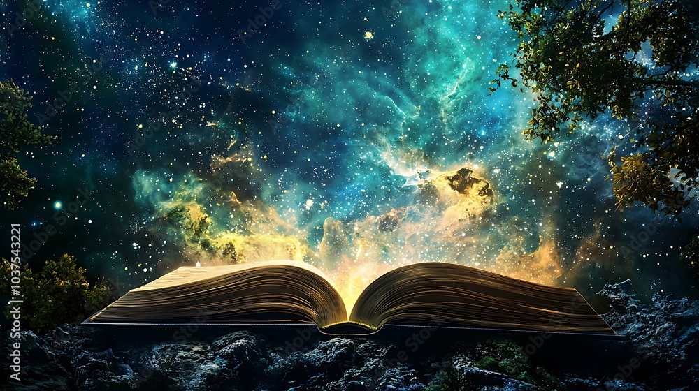 Aufkleber an open book unveiling the secrets of the universe amidst a cosmic expanse of stars and mystical won