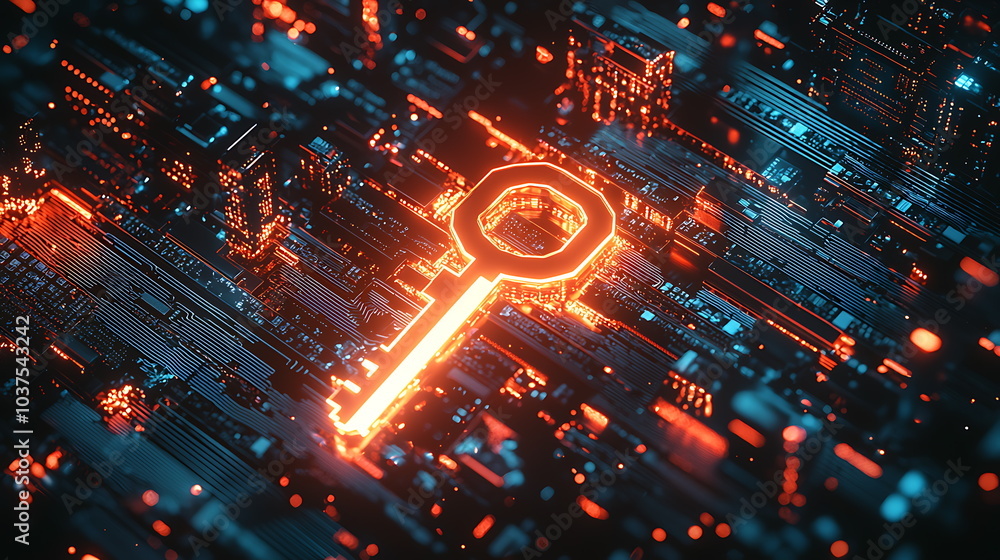 Leinwandbilder Illuminated neon key symbol over a digital circuit background representing security and technology in a futuristic environment