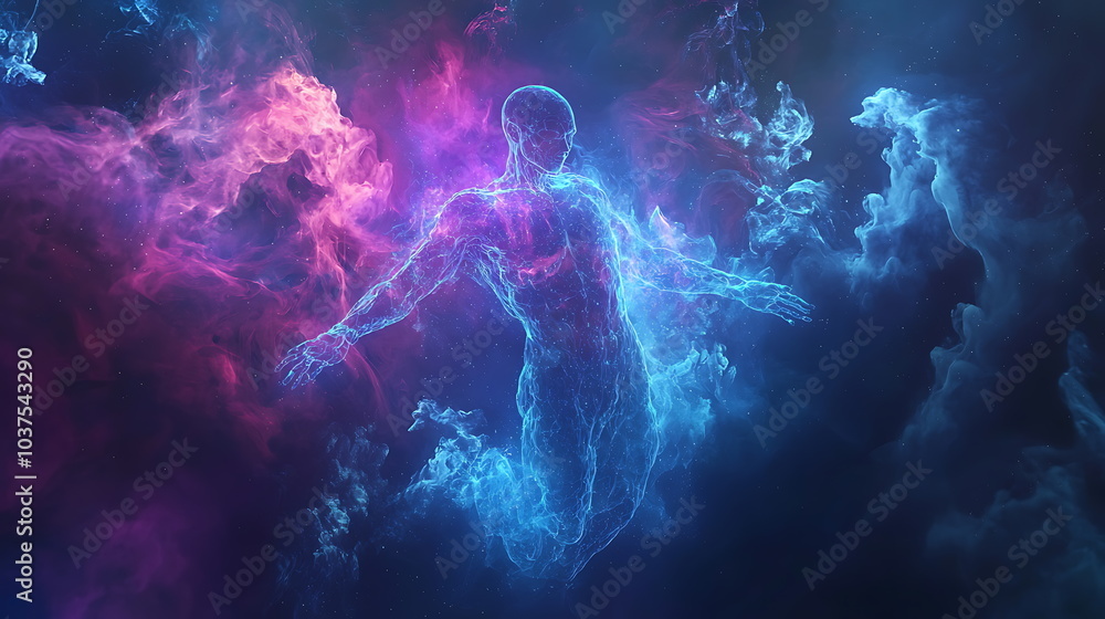 Poster mystical figure surrounded by vibrant cosmic nebulae emanating energies of the universe in a stunnin