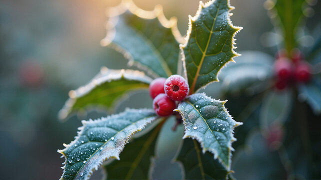 Close-up of holly leaves with red berries and dew drops glistening in winter light - Powered by Adobe