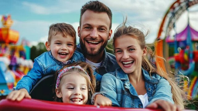 A joyful family of four riding a roller coaster at an amusement park, surrounded by colorful attractions, enjoying weekend adventure together