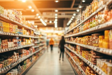 Blurred background of the interior in a grocery store with shelves full of products, people walking and shopping at the supermarket