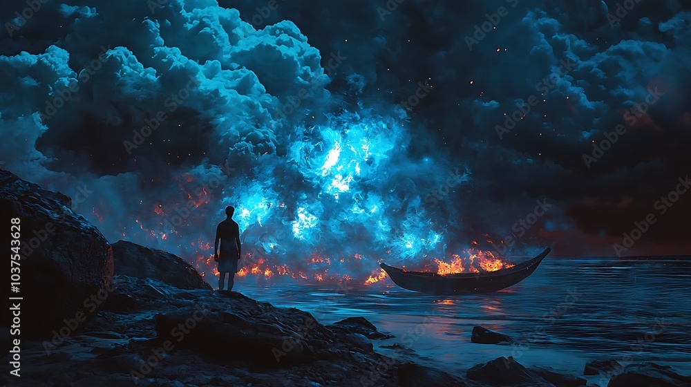Poster A surreal encounter a figure stands before a fiery cloudscape and tranquil waters blending reality and imagination in a dreamlike scene