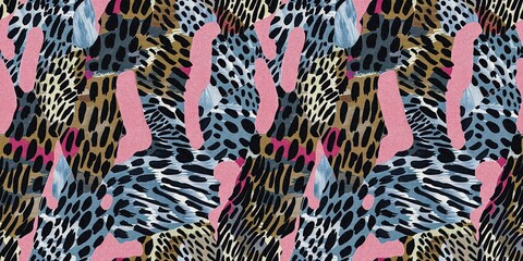 Fun girly camouflage border pattern in vibrant stripes and spotted seamless design . Modern skin banner texture patched effect for festival and beach wear style in ribbon repeat.