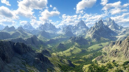 Fototapeta premium Majestic Mountain Range: A breathtaking panoramic view of a majestic mountain range, showcasing towering peaks, lush valleys, and a vibrant sky. A serene landscape photo ideal for travel, adventure.