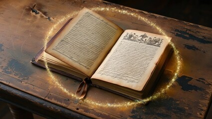 Obraz premium Open Vintage Book on a Wooden Table with Floating Magical Sparkles