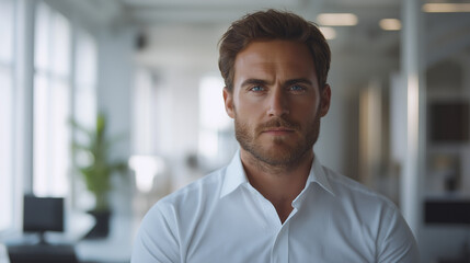 Naklejka premium man with short brown hair and a white shirt is looking directly at the camera