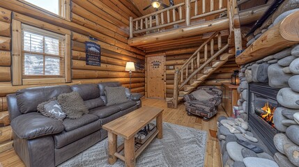 A cozy and rustic living room in a log cabin featuring a stone fireplace, comfortable seating, and wooden interior decor elements