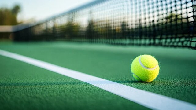 The vibrant yellow tennis ball sits on the green court close to the net, signaling the anticipation of an exciting match