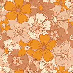 Groovy Flowers and Leaves Seamless Pattern. Floral Background in 1970s Hippie Retro Style for Print on Textile, Wrapping Paper, Web Design and Social Media. Boho Brown Pink and Nude Color.