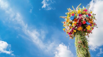 Floral Celebration: A vibrant display of colorful flowers adorns a tall pole, reaching towards a bright blue sky.  The scene evokes a sense of joy and optimism.