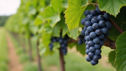 Naklejka premium Close-up image of ripe Cabernet Franc grape clusters on a vine in horizontal format with blurred leafy backdrop and room for text placement