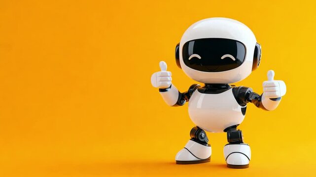 The friendly robot stands confidently with its arms raised, shows thumbs up in approval, set against a vibrant yellow background