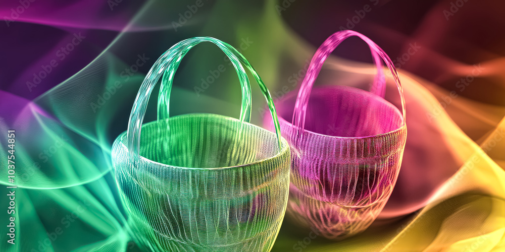 Poster two baskets with colorful handles are displayed on a colorful background. the baskets are of differe