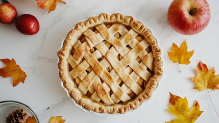 Fresh apples and homemade apple pie on a white kitchen table in a flat lay orientation. Thanksgiving tart recipe, fall bakery, and classic Thanksgiving dessert. Crispy-weather confections. Recipe
