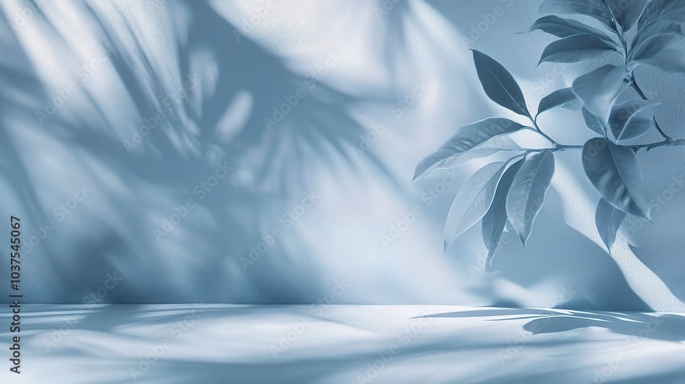 Aufkleber serene blue: a minimalist product display showcasing elegant draping fabric and leafy shadows in a c