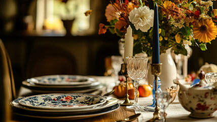 Autumn holiday tablescape and table decor, autumnal table setting with flowers and pumpkins, formal dinner event celebration party, beautiful cutlery, tableware and pumpkin decoration idea