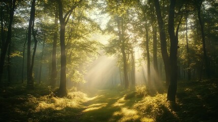 Fototapeta premium Sunlight Through the Trees: A mystical, ethereal scene unfolds in a dense forest, where sunlight streams through the canopy, casting long shadows on the woodland path.