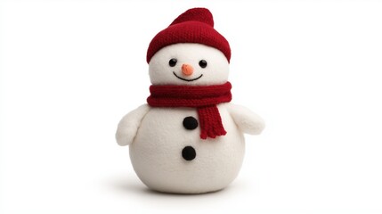 Fototapeta premium Adorable snowman plush toy with red scarf and hat for winter decor or holiday gifts