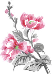 Branch of Flowers Watercolor and Bees. Artistic Wildflowers bloom. Vector illustration