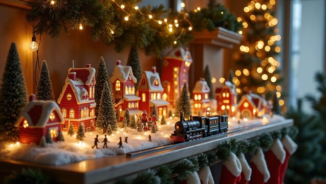 Festive Christmas village scene with glowing houses toy train and ice skating rink on mantle