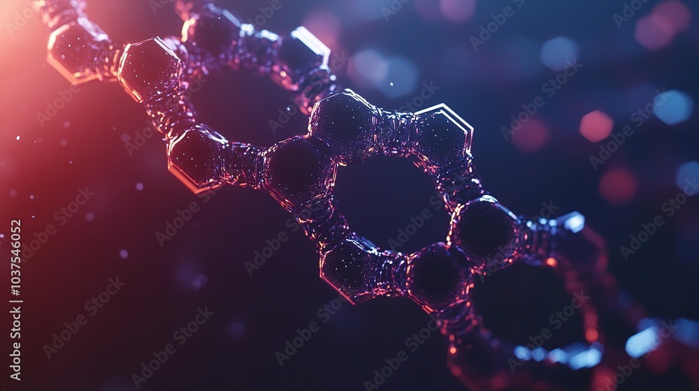 Poster molecular structure design with hexagonal patterns, abstract representation of dna strands, ideal fo