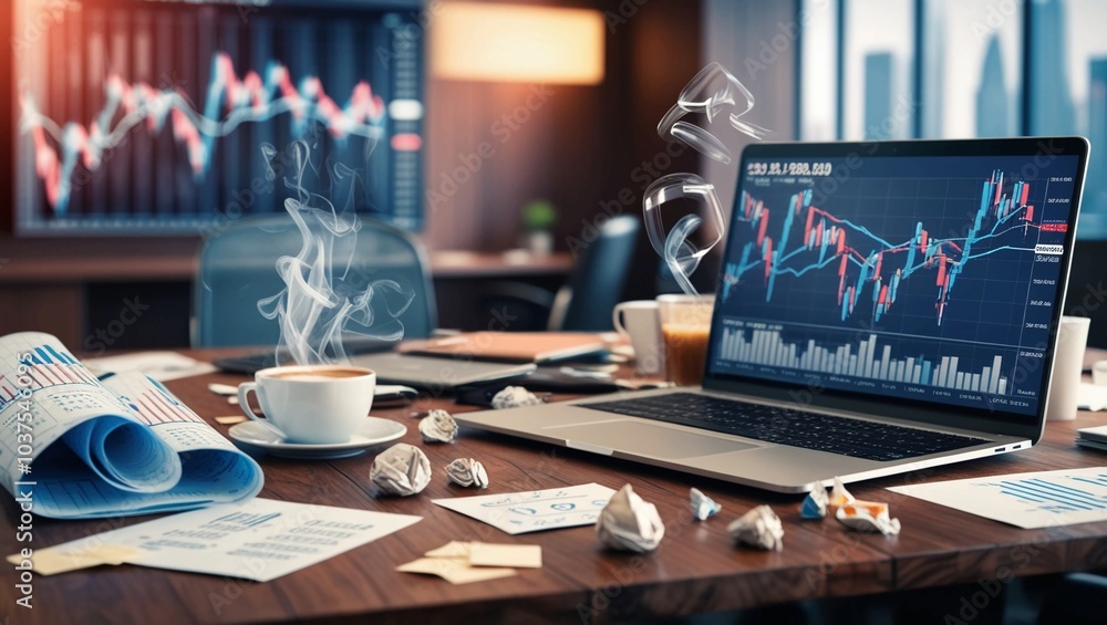 Poster data analytics and financial graphs on table