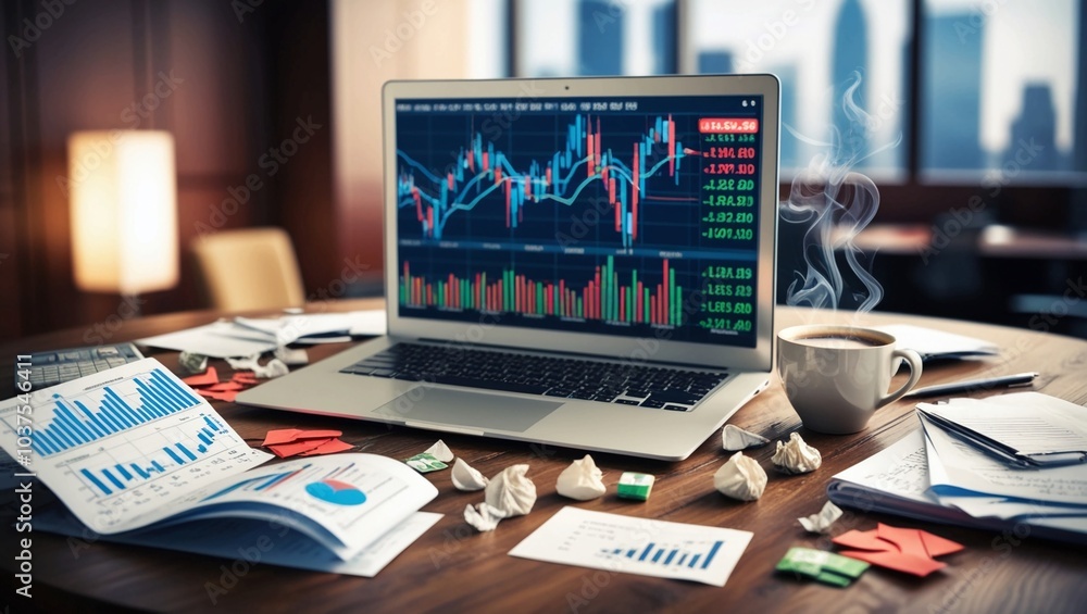 Aufkleber data analytics and financial graphs on table