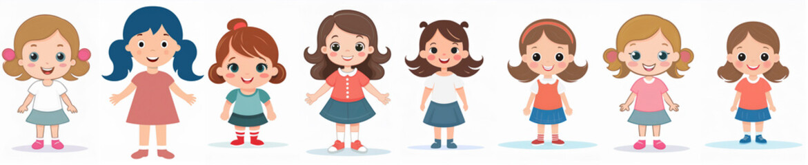 Diverse group of cute cartoon girls posing together