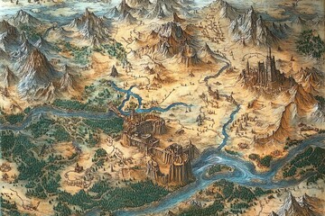 Fond d'écran carte fantastique avec montagnes et rivières
