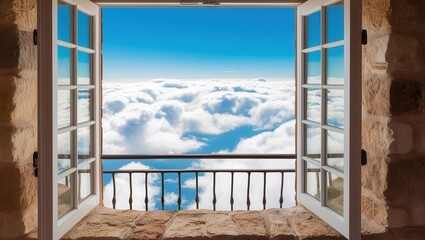 Naklejka premium Scenic view of fluffy clouds through an open window set in a stone wall