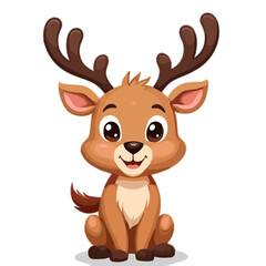 Fototapeta premium Cute cartoon deer, cheerful expression, sitting pose on white background