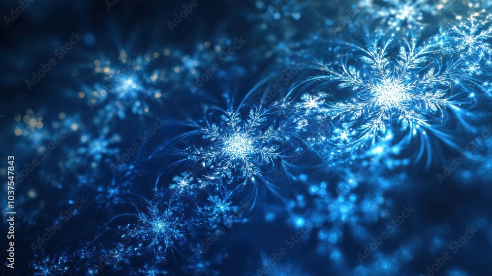 Poster Delicate snowflakes shimmer with intricate patterns on a rich blue canvas, capturing the essence of winter's beauty and elegance. Generative AI
