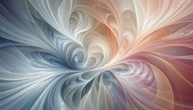 Subtle fractal patterns merging into smooth curves, presented in calming pastel colors with hints metallic highlights,generative ai

