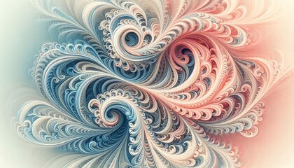 Fractal waves with intricate details intertwining in soft pastel pink and blue hues, creating a balanced, harmonious design,generative ai

