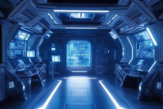 Fond d'&eacute;cran high-tech d'une salle de contr&ocirc;le bleue dans un vaisseau spatial

