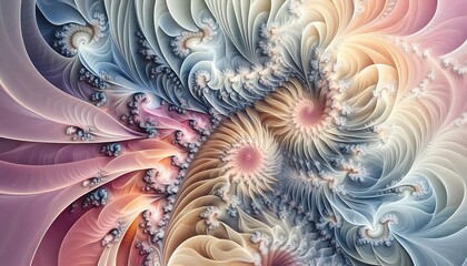 Intricate fractal patterns unfolding into soft pastel shapes, combined with hint of gradient tones for dynamic, layered effect,generative ai

