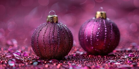 Two elegant and festive purple Christmas baubles adorned with glitter and water droplets, set against a bokeh background creating a magical holiday atmosphere
