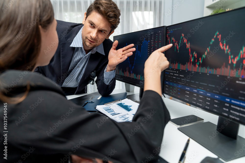Poster two business traders discussing on dynamic stock market in currency rate investment trading on two p