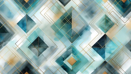 Overlapping geometric diamonds in shades of blue and teal, softened with watercolor brushstrokes and gold foil details,generative ai

