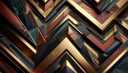 Sharp geometric angles and triangular forms in rich jewel tones, layered with textured gold and bronze highlights,generative ai