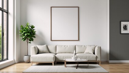 Mockup of modern interior design featuring living room wall and house background on an ISO A paper-sized frame