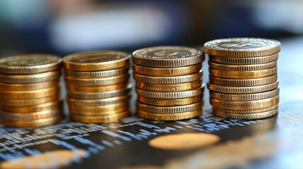 Image showing neatly stacked gold coins in increasing order, placed on a chart background representing financial growth and economic progress